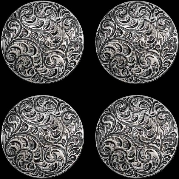 The Classic Engraved Concho add timeless Western flare to your tack or outifit. Crafted with high quality German Silver and detailed with antique finish.